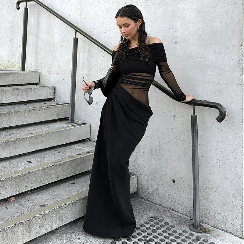 BUILDINGB Summer New Solid Color Long Sleeve Off Shoulder Dresses Sexy Wrap Hip Mesh See Through Ruched Patchwork Long Dress