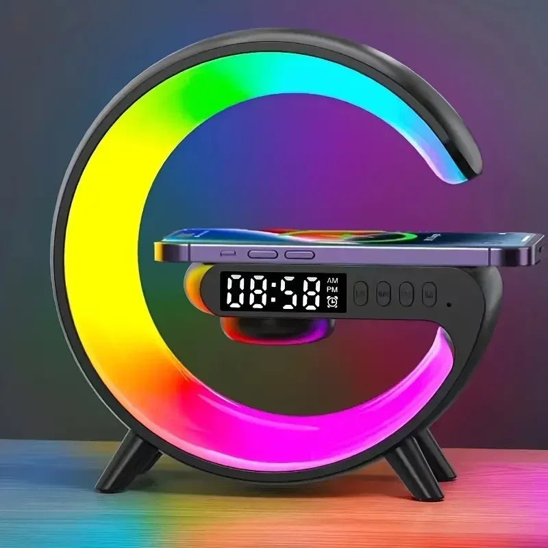 Multifunction Wireless Charger Stand Pad RGB Light Alarm Clock Speaker For iPhone Samsung