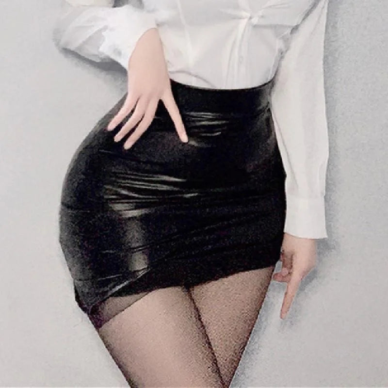 Leather Skirts Female Hot Girl Black Split Wrap Hip Short Mini Skirt for Women Clothes