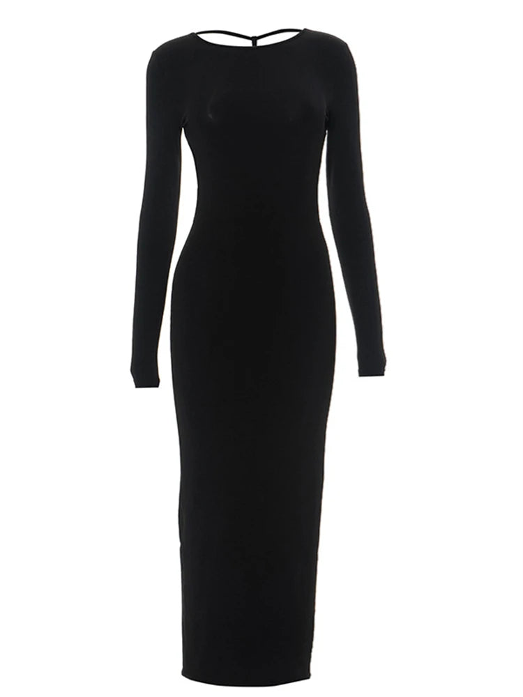 Winter Elegant Backless Maxi Sleeve Evening Party O-Neck Long Sleeve Bodycon Dress Cocktail