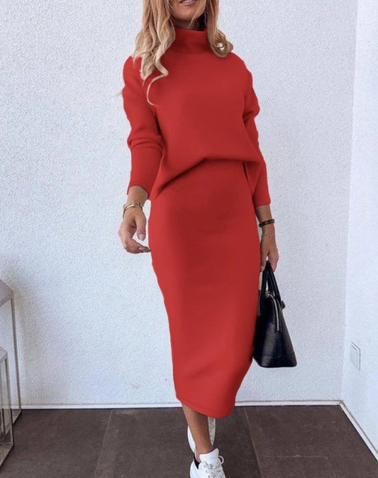 Casual Two Piece Set Women Long Sleeve Mock Neck Sweatshirt & Fashion New High Waist Skirt Set