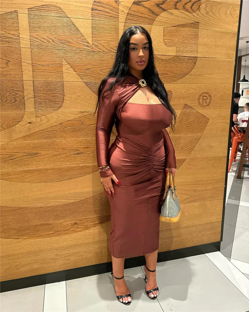 Long Sleeve Sexy Maxi Dress For Women Gown Autumn Winter New Metal Buckle Ruched Slit Long Dress Elegant