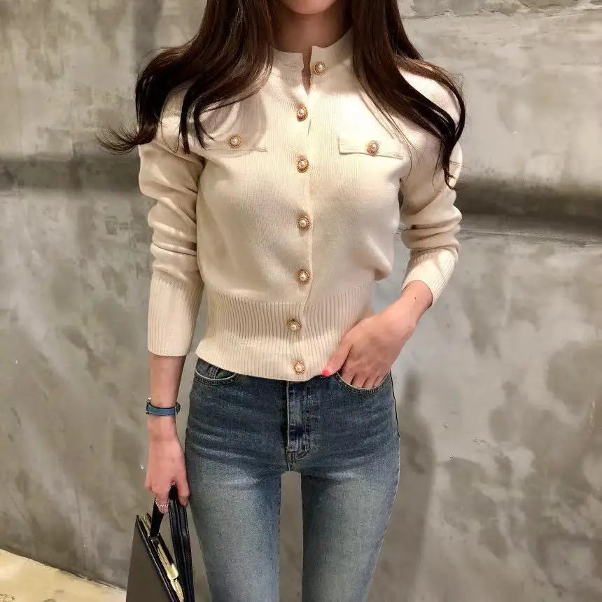 Small fragrant style knitted cardigan jacket for women 2024 autumn and winter new retro short slim slim sweater long-sleeved top