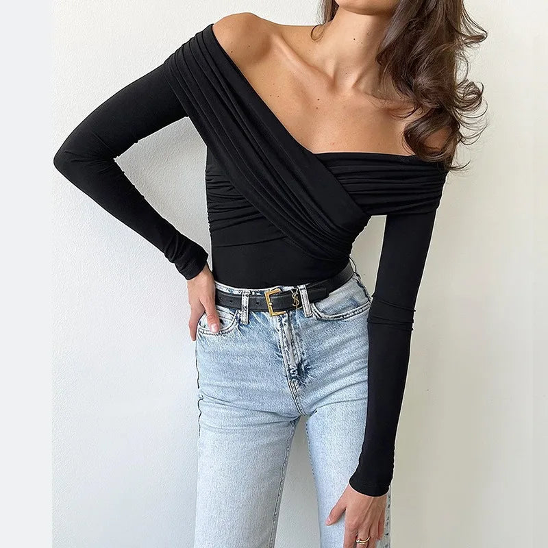 Sexy Off Shoulder Bodysuits Women Fashion Black Crossed Folds Skinny Rompers Long Sleeve Fashion Streetwear Autumn Bodysuits New