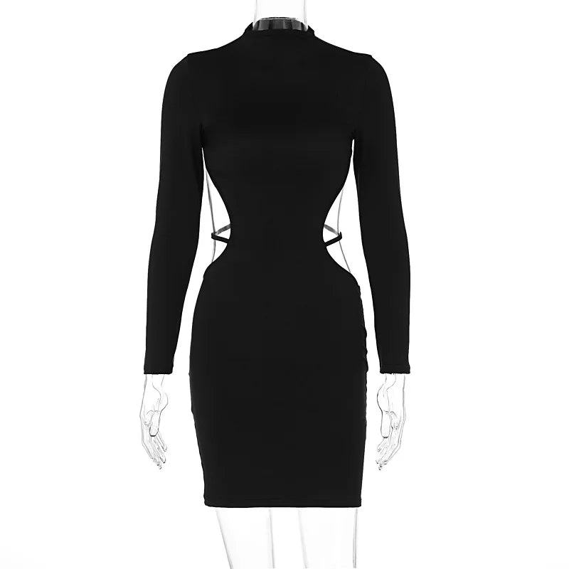 Evening Dress Women Sexy Solid Black Long Sleeve Bodycon Mini Night Club Party