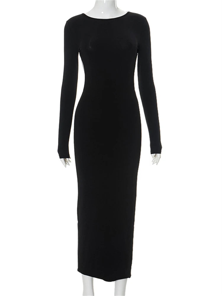 Winter Elegant Backless Maxi Sleeve Evening Party O-Neck Long Sleeve Bodycon Dress Cocktail