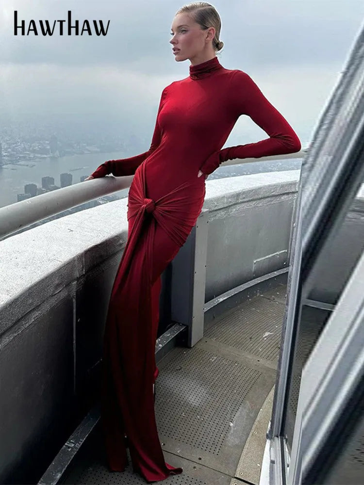 Autumn Fashion Long Sleeve Party Club Streetwear Bodycon Red Long Dress