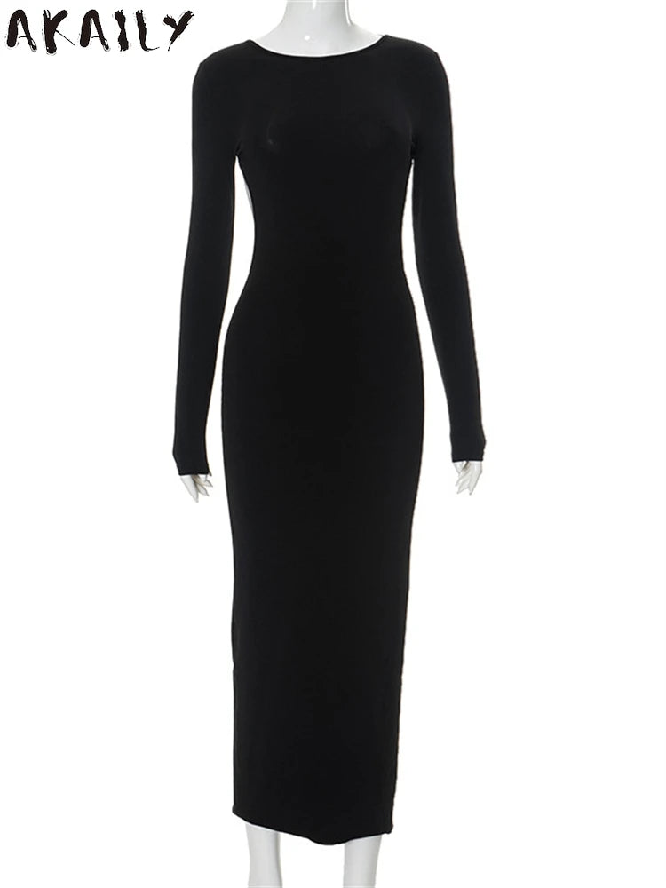 Winter Elegant Backless Maxi Sleeve Evening Party O-Neck Long Sleeve Bodycon Dress Cocktail