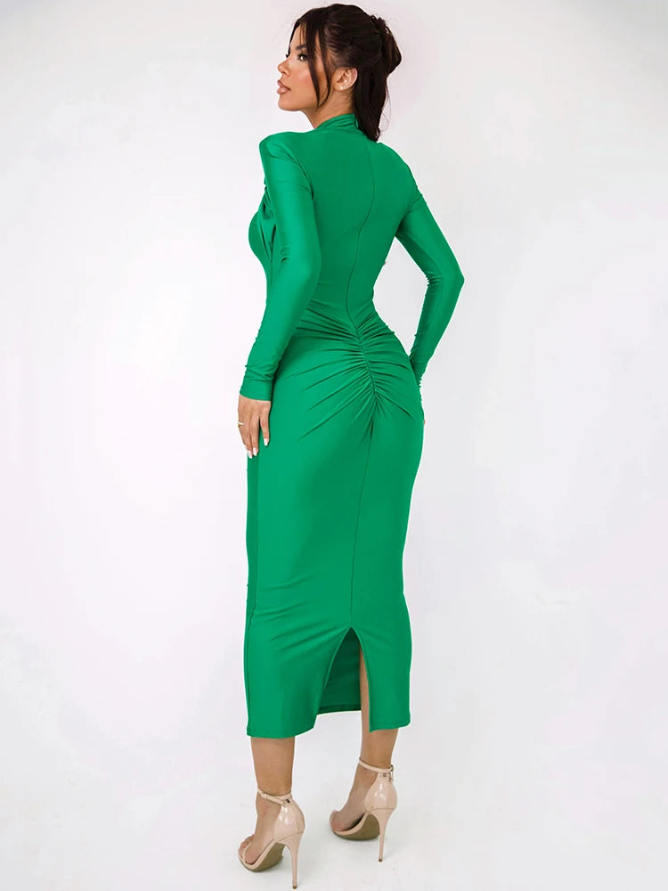 Long Sleeve Sexy Maxi Dress For Women Gown Autumn Winter New Metal Buckle Ruched Slit Long Dress Elegant