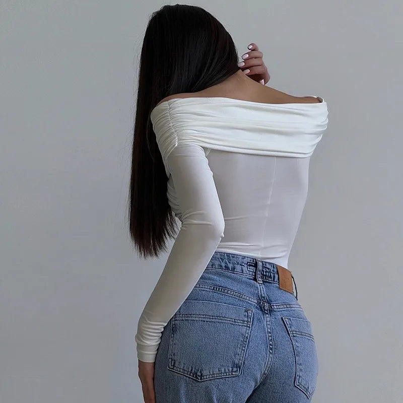 Sexy Off Shoulder Bodysuits Women Fashion Black Crossed Folds Skinny Rompers Long Sleeve Fashion Streetwear Autumn Bodysuits New