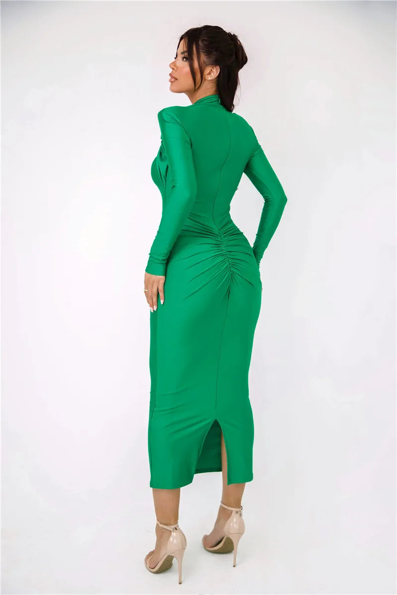 Long Sleeve Sexy Maxi Dress For Women Gown Autumn Winter New Metal Buckle Ruched Slit Long Dress Elegant