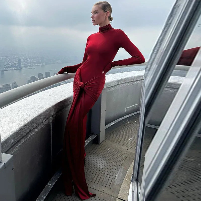 Autumn Fashion Long Sleeve Party Club Streetwear Bodycon Red Long Dress