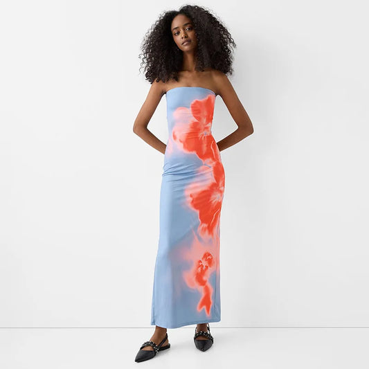 Sexy Strapless Print Tube Maxi Dress