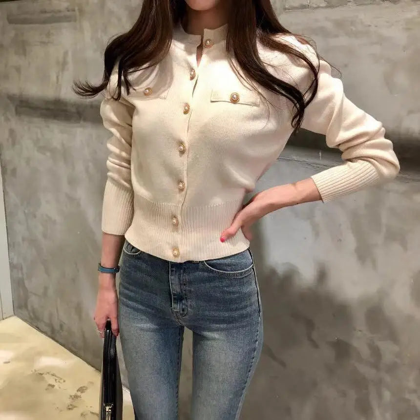 Small fragrant style knitted cardigan jacket for women 2024 autumn and winter new retro short slim slim sweater long-sleeved top