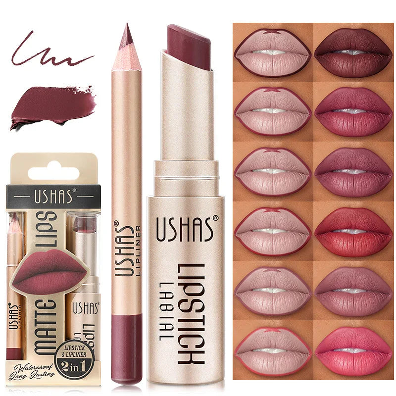 Lip Liner + LIPSTICK Set Easy Coloring Matte Lipstick Long lasting nude red lipstick