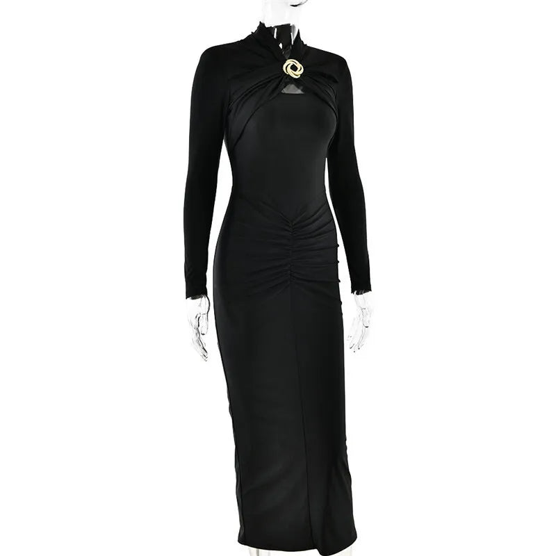 Long Sleeve Sexy Maxi Dress For Women Gown Autumn Winter New Metal Buckle Ruched Slit Long Dress Elegant