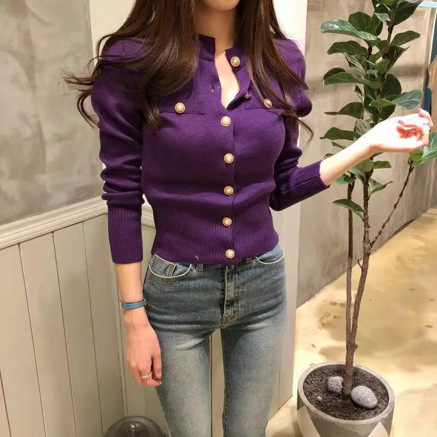 Small fragrant style knitted cardigan jacket for women 2024 autumn and winter new retro short slim slim sweater long-sleeved top