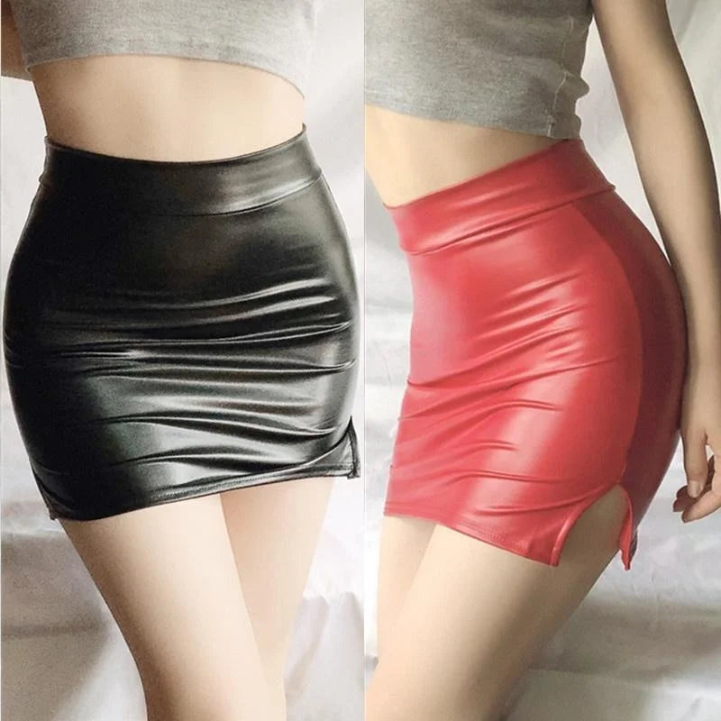 Leather Skirts Female Hot Girl Black Split Wrap Hip Short Mini Skirt for Women Clothes