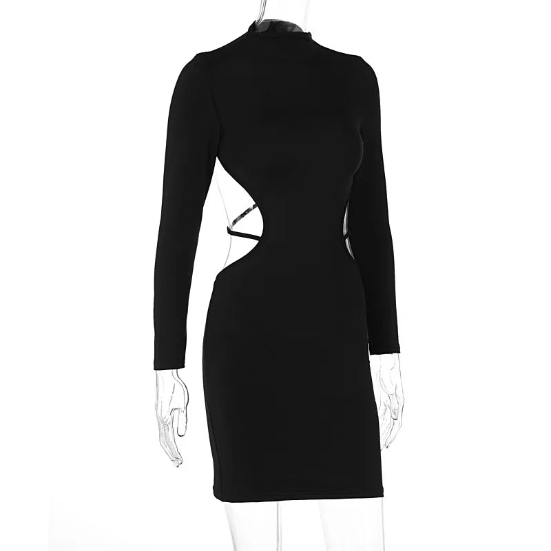 Evening Dress Women Sexy Solid Black Long Sleeve Bodycon Mini Night Club Party