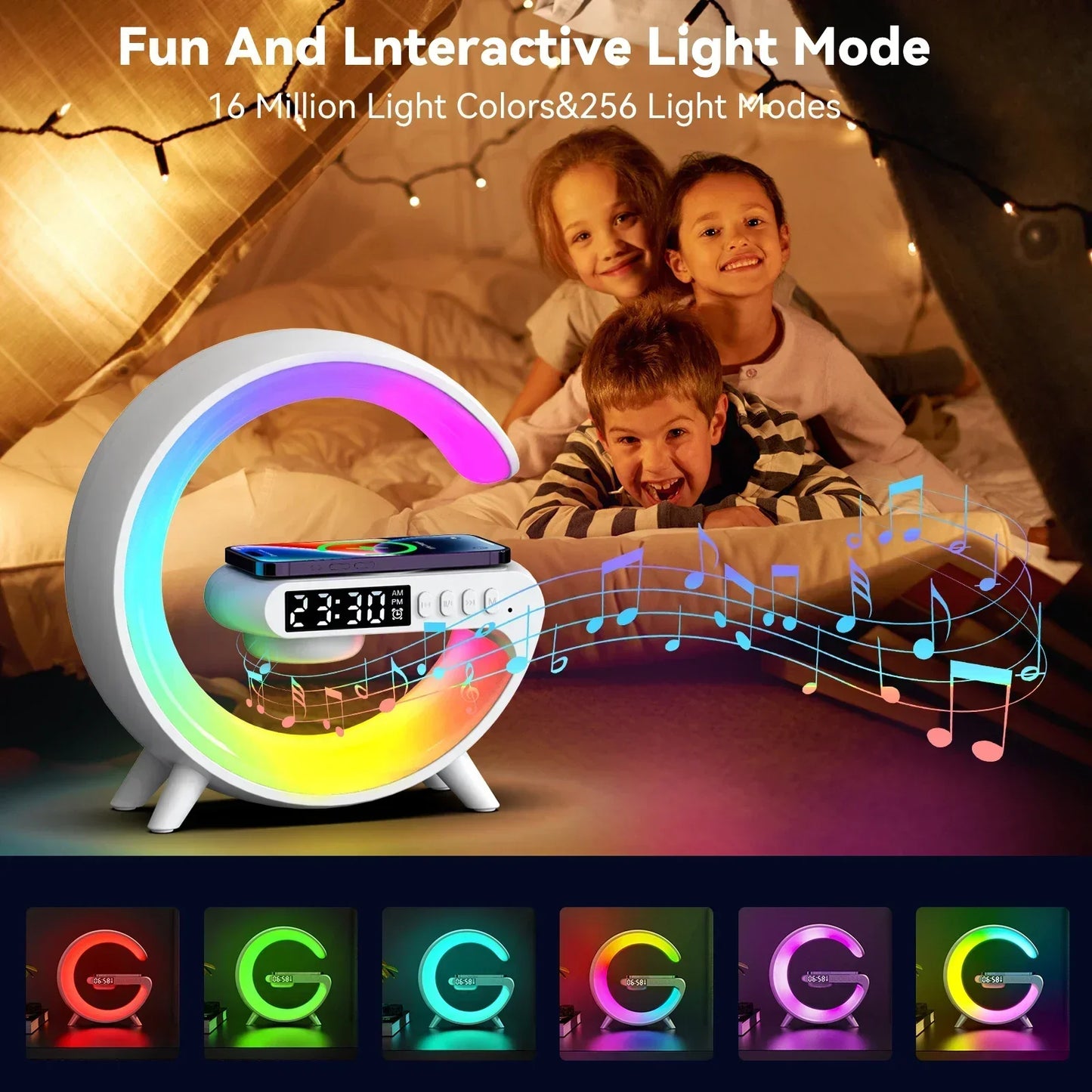 Multifunction Wireless Charger Stand Pad RGB Light Alarm Clock Speaker For iPhone Samsung