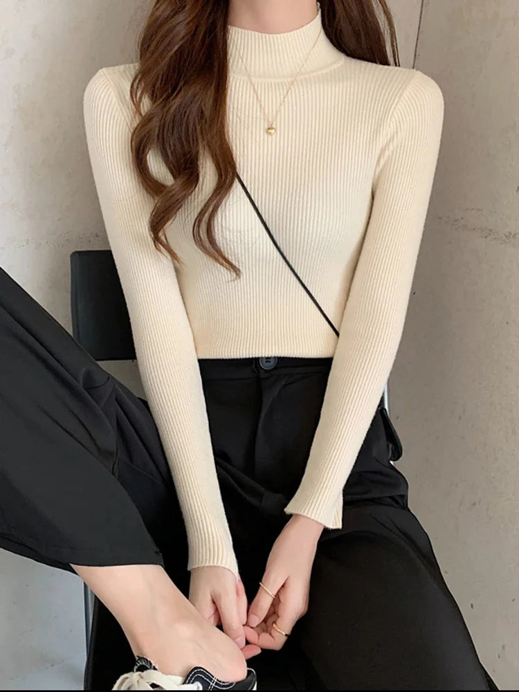 Autumn Women Sweater Vintage Basic Solid