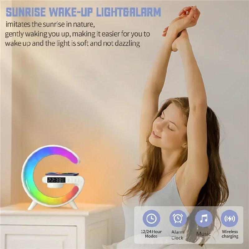 Multifunction Wireless Charger Stand Pad RGB Light Alarm Clock Speaker For iPhone Samsung