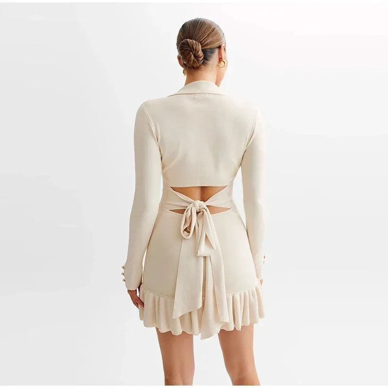 Patchwork Long Sleeve V-neck Bow Backless