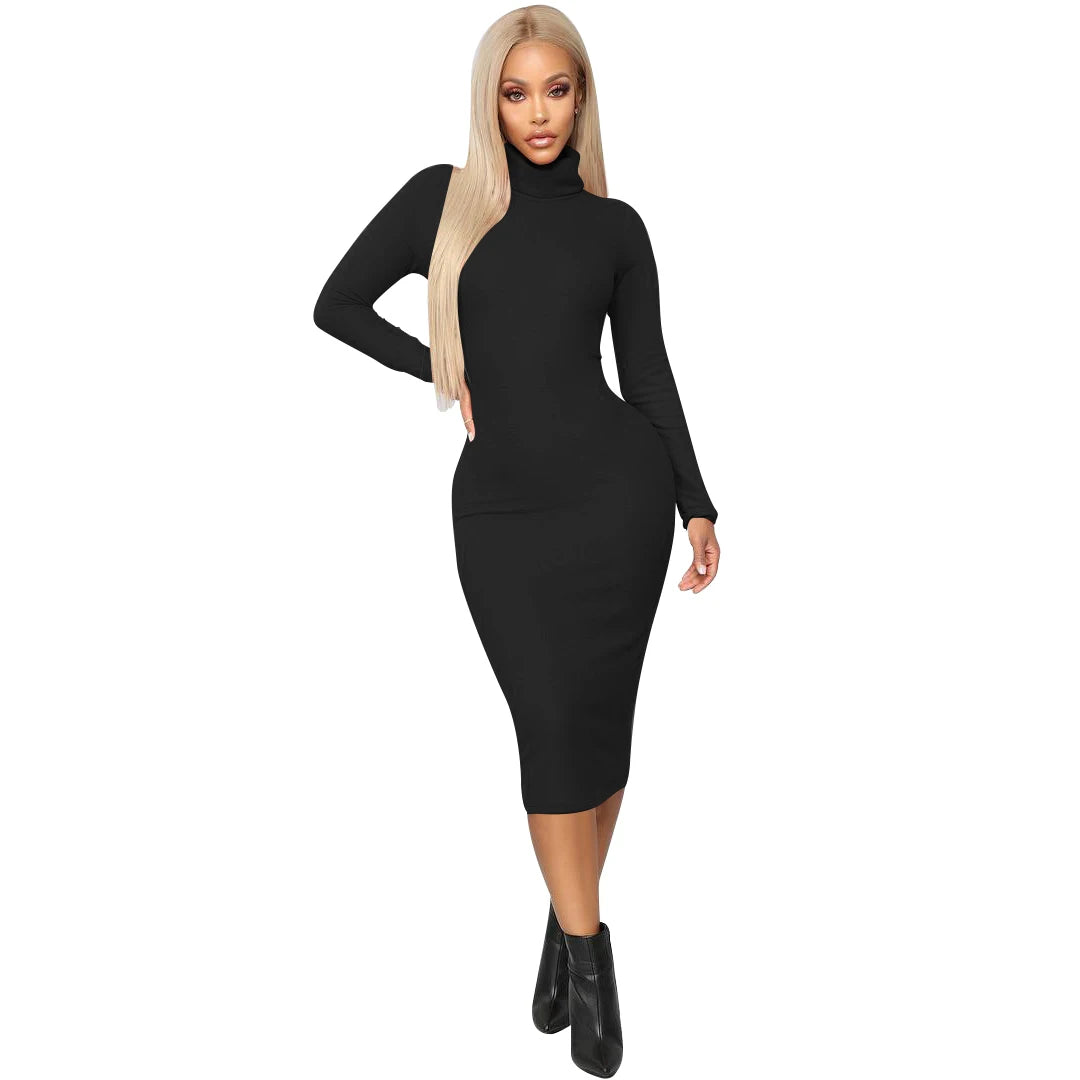 long-sleeved Elastic force Slim High collar slim long dress