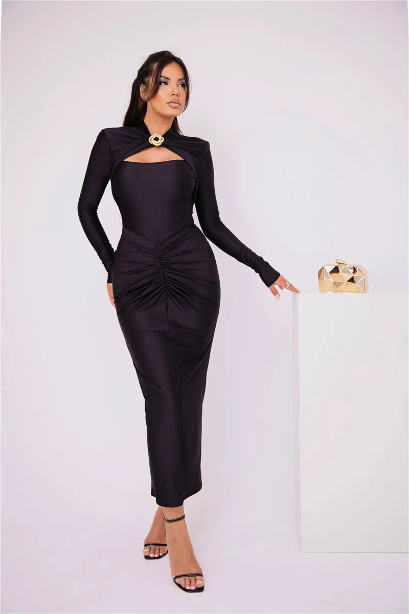 Long Sleeve Sexy Maxi Dress For Women Gown Autumn Winter New Metal Buckle Ruched Slit Long Dress Elegant