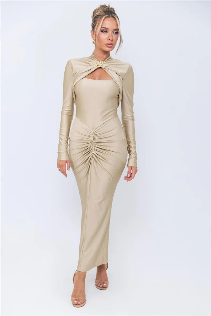 Long Sleeve Sexy Maxi Dress For Women Gown Autumn Winter New Metal Buckle Ruched Slit Long Dress Elegant