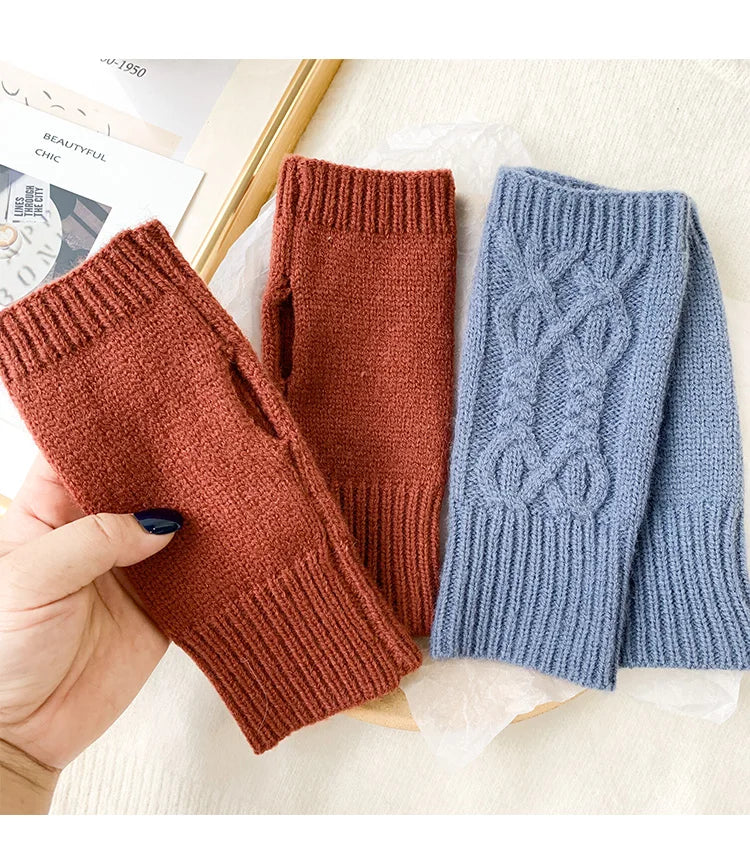 Half Finger Gloves for Women Winter Soft Warm Wool Knitting Arm Gloves Soft Warm Half Finger Handschoenen Unisex Mitten Guantes