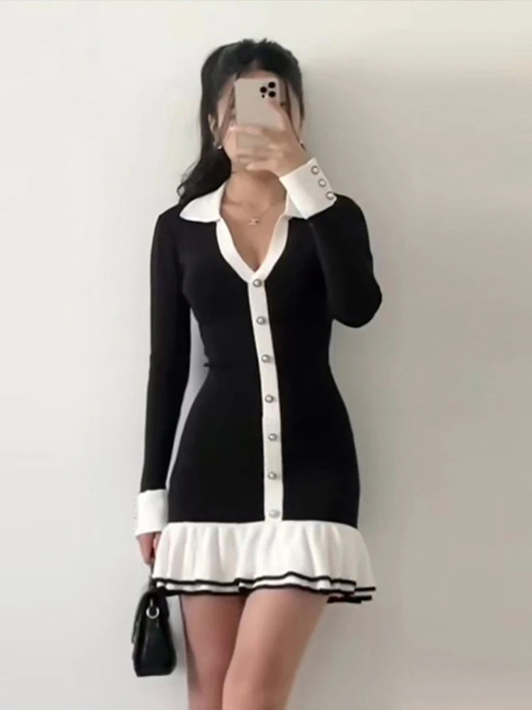 Patchwork Long Sleeve V-neck Bow Backless