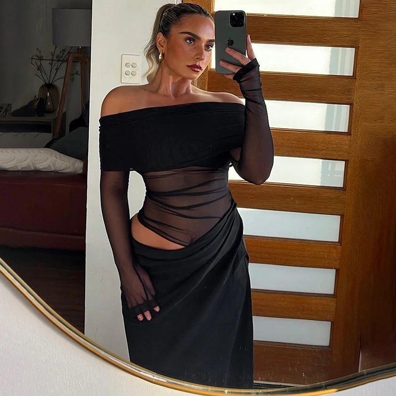 BUILDINGB Summer New Solid Color Long Sleeve Off Shoulder Dresses Sexy Wrap Hip Mesh See Through Ruched Patchwork Long Dress