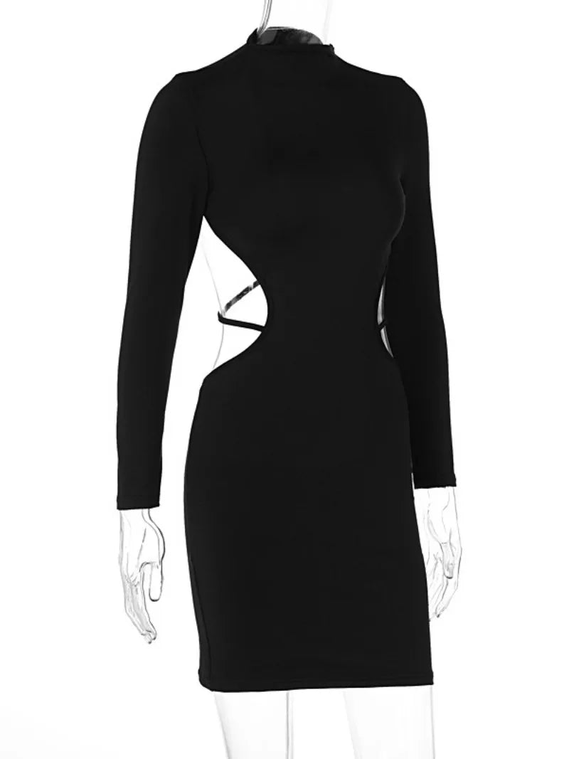 Evening Dress Women Sexy Solid Black Long Sleeve Bodycon Mini Night Club Party