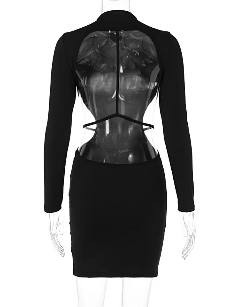 Evening Dress Women Sexy Solid Black Long Sleeve Bodycon Mini Night Club Party