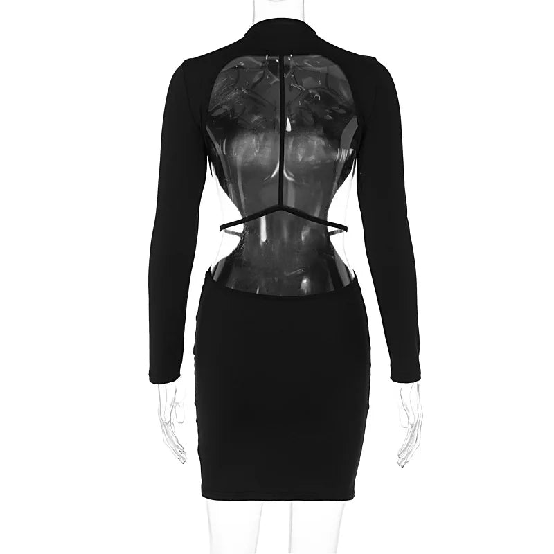 Evening Dress Women Sexy Solid Black Long Sleeve Bodycon Mini Night Club Party