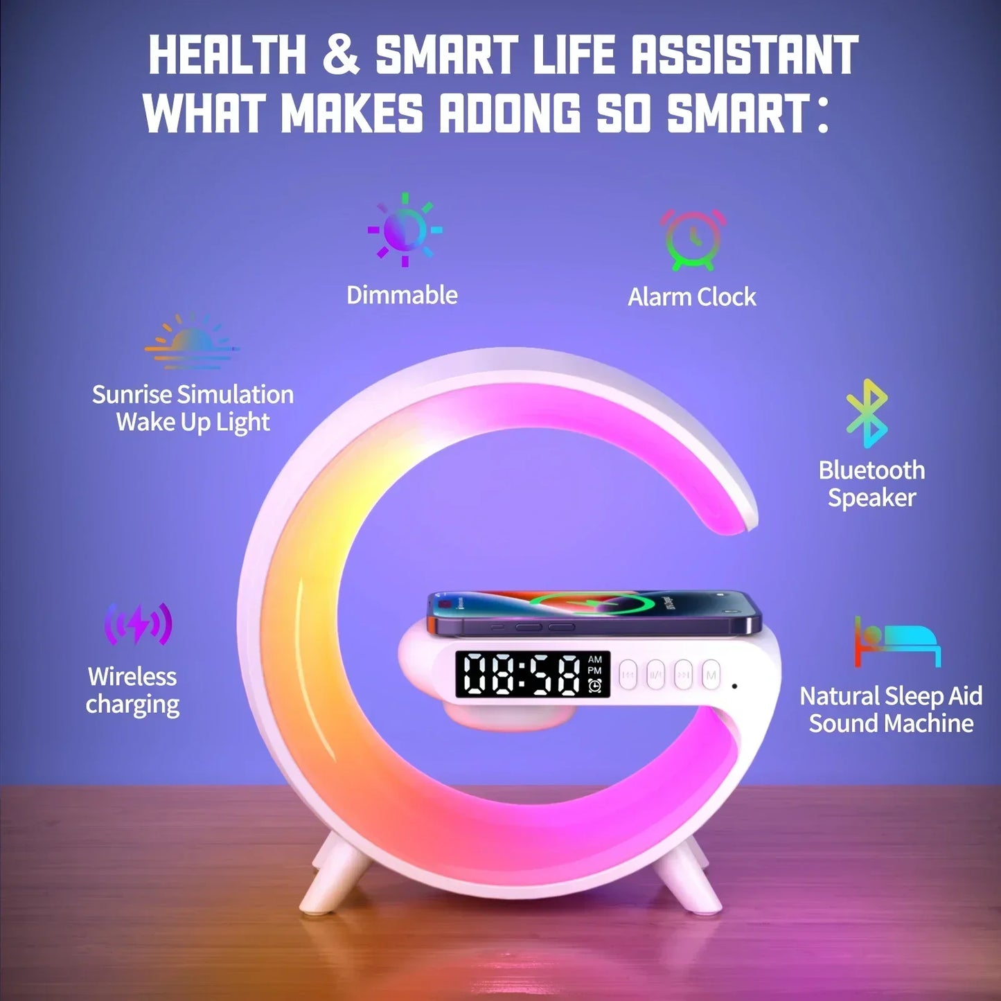 Multifunction Wireless Charger Stand Pad RGB Light Alarm Clock Speaker For iPhone Samsung