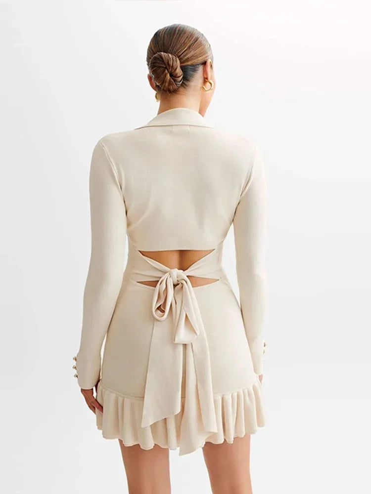 Patchwork Long Sleeve V-neck Bow Backless